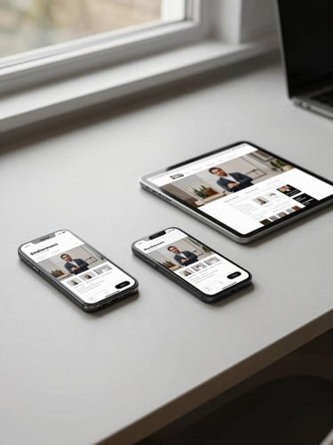 Wide shot of a minimal desk workspace, a tablet and smartphone both showing different pages of the same bilingual commercial website, natural daylight from a nearby window, neutral tones, no people