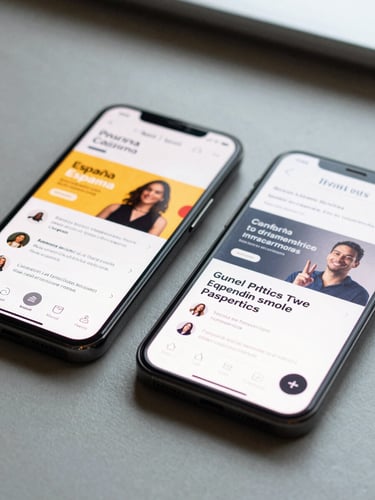 Close-up of two smartphones side by side on a minimal desk surface, each screen showing a bilingual website interface — one in Spanish, one in English — under soft natural window light, tight crop on the screens