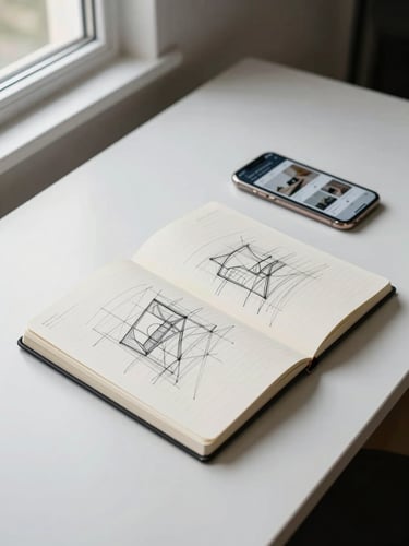 Wide shot of a minimal designer's desk with a notebook open to a wireframe sketch, a phone beside it showing a site in progress, window light from the left, no person visible, documentation feel