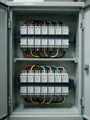 Close-up straight-on shot of open switchgear cabinet section showing relay cards, wiring looms and terminal labels under cool north-facing industrial lighting, no people, readable component markings visible