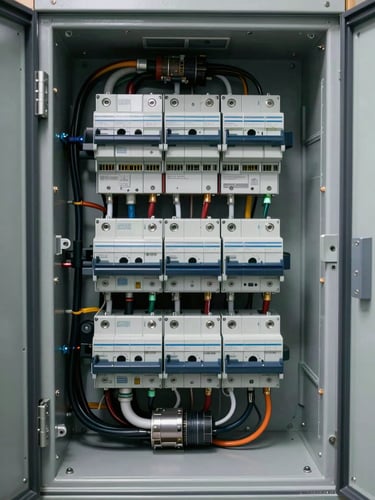 Close-up straight-on shot of an open LV switchgear section interior, visible busbars, labeled terminal blocks, cable lugs and circuit breakers under cool studio lighting, industrial clarity, no people