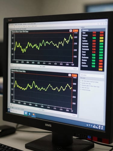 Close straight-on photograph of a BMS or SCADA operator screen showing live energy trend graphs, consumption data tables and alarm status indicators, cool monitor glow illuminating the panel face, readable labels and numeric values visible, no operator present