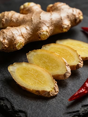 Macro shot of fresh sliced ginger root and red chili peppers on a dark slate surface, dramatic side lighting, rich golden tones, deep shadows