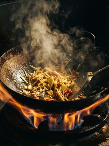 Macro photography of a steaming wok with fire, fresh sliced ginger, dramatic side lighting, deep shadows, dark moody food style, 35mm