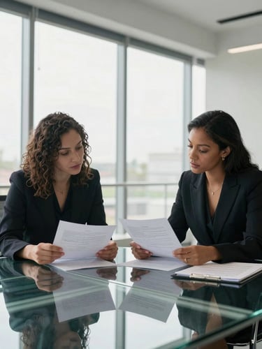 Wide environmental shot, two women of different ethnicities reviewing documents at a glass conference table, professional setting with large windows, even north-facing daylight, hands visible on papers, no eye contact with camera, context of serious collaborative work