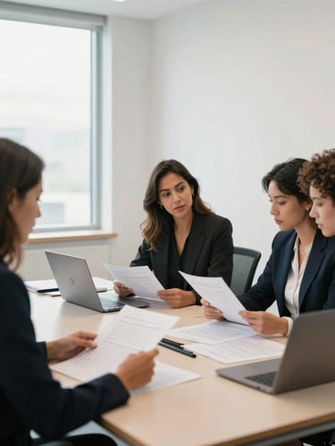 Wide environmental shot, professional conference room, three women of different ethnicities reviewing documents together across a shared table, bright even north-facing natural light, clean modern interior, hands visible on papers and a laptop screen, no one looking at camera