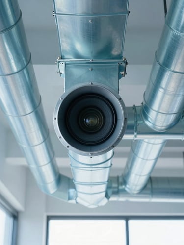 Straight-on technical architectural photography of clean, professionally routed industrial ventilation ductwork under bright, cool-toned indoor lighting, steel blue tones, sharp focus, 35mm lens.