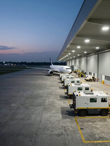 Wide panoramic view of a modern logistics operations hub at dusk, aircraft ground support equipment lined in precise formation to the right third, expansive concrete tarmac under clean overhead industrial lighting, left side open and dark — disciplined, operational, cinematic