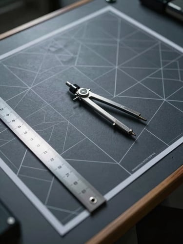 Close overhead view of a tactical operations planning table, matte charcoal surface with geometric grid maps spread flat under cool industrial light, a single metal compass and ruler placed with precision, no hands, no people, clean and structured