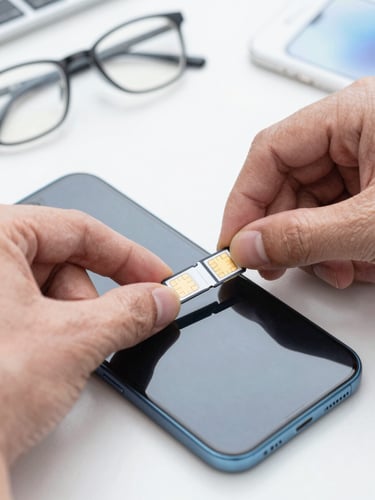 Close-up shot of a technician's hands carefully inserting a new nano SIM card into a modern smartphone, clean workspace with professional tools, bright natural daylight, sharp focus.