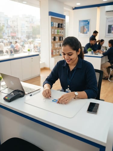Eye-level medium shot of a bright, organized Guntur telecom office interior, clean white counters with blue accents, a certified specialist preparing a SIM card on a clean surface, warm natural daylight, 35mm lens.