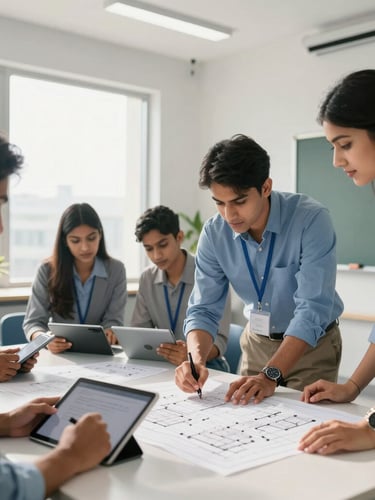 Bright modern real estate classroom in Hyderabad, professional students collaborating over blueprint layouts and digital tablets, natural daylight, sharp focus