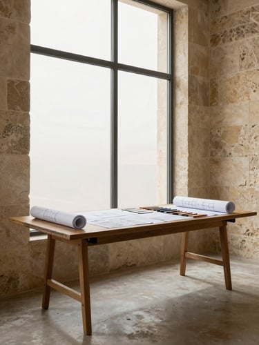 Wide architectural workspace interior in Amman — a drawing table set against a tall window with north-facing diffused daylight, limestone wall texture visible to one side, rolls of construction drawings and material samples arranged on the surface, no people present, warm concrete floor in the foreground