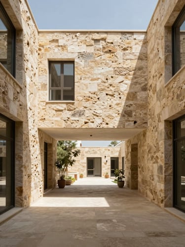 Wide architectural interior of a completed Amman residential project — a double-height stone-clad living space photographed from the lower landing, natural north-facing daylight raking across limestone wall panels, warm concrete floor visible in the foreground, structural opening framing a courtyard beyond, no people, no furniture staging