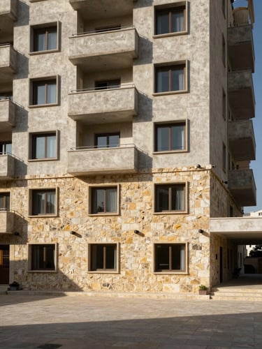 Wide architectural shot of a completed multi-storey residential building in Amman, local limestone cladding on the lower facade, concrete upper floors, deep-set windows casting sharp midday shadows, stone-paved forecourt visible in the lower frame, natural daylight from the north