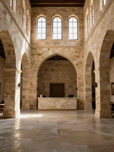 Wide architectural interior of a completed hospitality project in Jabal Amman — a double-height reception hall with arched limestone openings, warm concrete floor, north light washing across the stone surface from clerestory windows above, no people, spatial volumes clearly defined