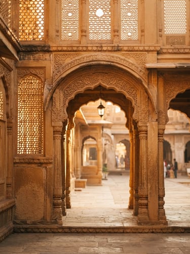Sun-drenched architectural archway of a Rajasthani palace, golden-hour morning light filtering through stone jali screens, warm sandstone textures, soft depth of field, 35mm