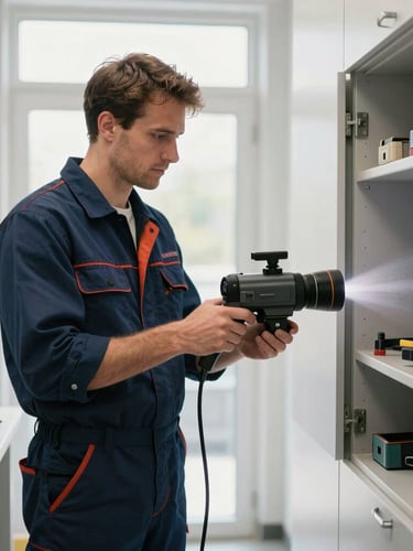 Medium shot of a professional plumber in a clean navy blue uniform operating a high-tech video inspection camera inside a bright modern utility room, professional tools organized nearby, natural lighting.