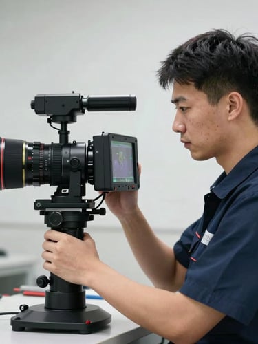 Medium shot of a professional technician in a clean navy uniform operating a high-tech video inspection camera, bright indoor lighting, focused on the diagnostic screen.