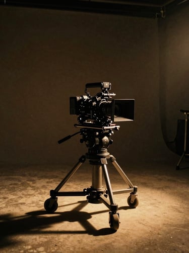 Moody low-key cinematic photography of a high-end camera rig on a dolly in a dimly lit studio, single dramatic golden-hour light source casting deep shadows, 35mm grain