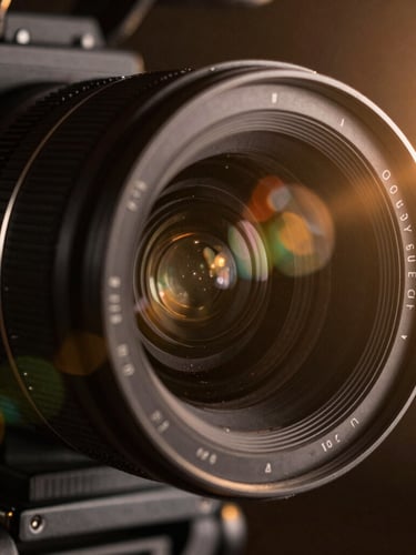 Extreme close-up of a high-end cinema camera lens, anamorphic flare, low-key cinematic lighting, deep shadows, rich warm tones