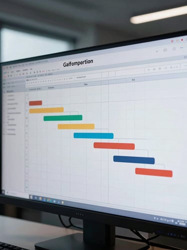 Tight action-oriented shot of a digital Gantt chart on a large monitor in a dimly lit war room, cool high-contrast office lighting