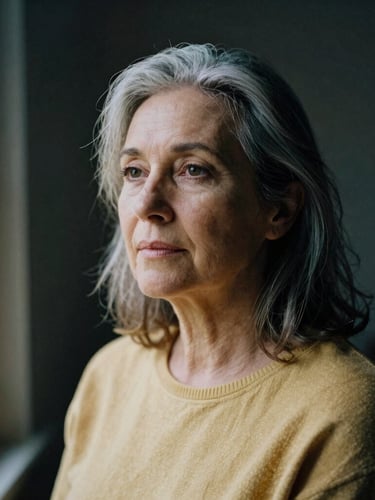 A thoughtful, candid portrait of a mature woman with silver-streaked hair, looking away from the camera in deep contemplation, soft natural window light with deep shadows, dark moody background, 35mm photography.