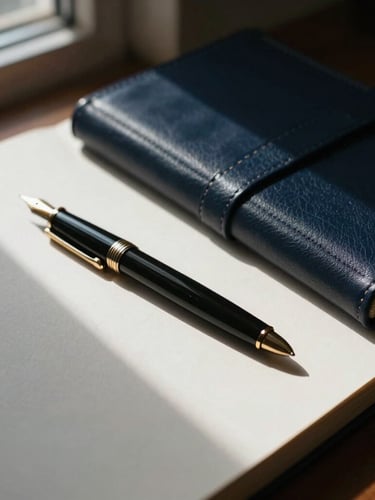 An elegant close-up of a desk with a fountain pen, open leather journal, and soft morning light casting long shadows across textured heavy paper, moody editorial aesthetic, 35mm.