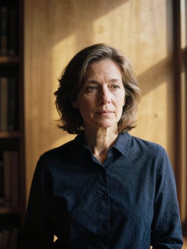 A thoughtful, candid medium-wide portrait of a mature woman in a quiet, sunlit library, soft directional window light casting deep shadows, warm gold tones, 35mm.