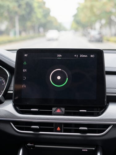 Straight-on close-up of a car dashboard screen showing a connection loading circle, bright natural daylight, clean dashboard texture