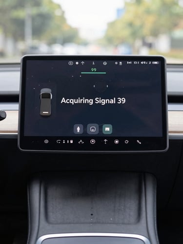 Straight-on close-up of a modern car dashboard screen displaying an 'Acquiring Signal' error message, bright natural daylight, clean matte console.