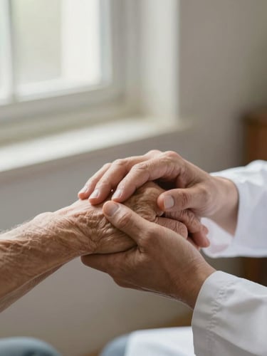 A close-up of a clinician gently holding an elderly patient's hand in warm window light, shallow depth of field