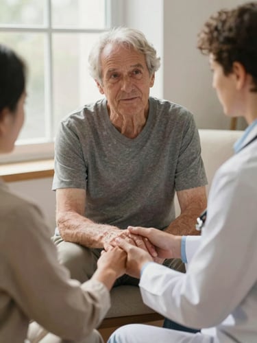 A respectful medium shot of an elderly patient holding a clinical consultant's hand in a warm, sunlit room, soft natural window light, authentic interaction, shallow depth of field.