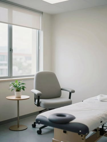 A modern, clean therapy room with soft natural light, a comfortable chair, and a small plant on a side table. Focus on the serene atmosphere, muted corporate tones, 35mm.