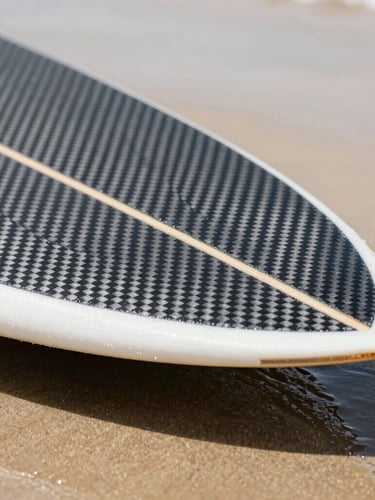 Close-up of a cross-section of a carbon-wrap skimboard core, showing the high-density foam and woven carbon fiber layers, crisp studio lighting, high-contrast, technical macro shot