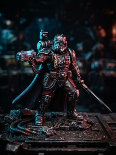 macro studio photography, dramatic high-contrast lighting, colorful rim light, dark moody background, ultra-sharp detail, shallow depth of field of a painted sci-fi commander miniature