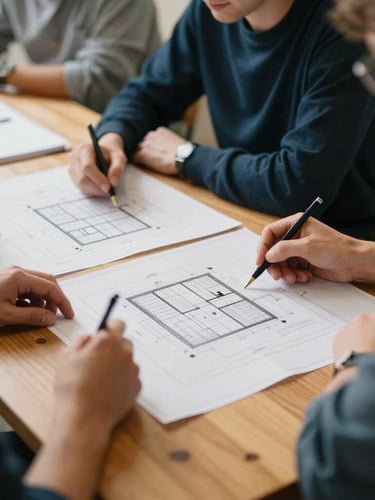 A collaborative planning session around a wooden table in a sunlit community center, focused on architectural blueprints and project timelines, warm daylight, 35mm photography