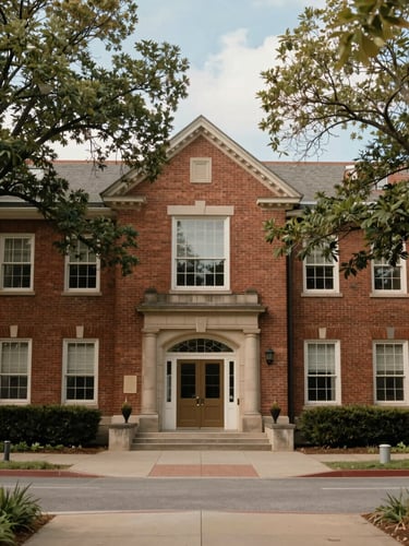 A quiet, warm-toned environmental photograph of a classic brick educational building surrounded by mature trees, soft natural daylight, 35mm