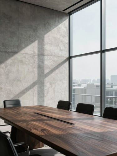 Portrait crop of a modern minimalist boardroom with soaring concrete walls and tall glass windows, soft directional morning light casting deep shadows on a dark oak table.