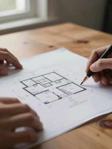 Macro shot of hands reviewing architectural blueprints and legal deeds on a solid oak table, soft side lighting from a window, high contrast, muted colors.
