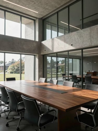 Wide environmental shot of a modern architectural boardroom with concrete and glass, soft natural light coming through a large window, deep shadows, representing stability and institutional scale.