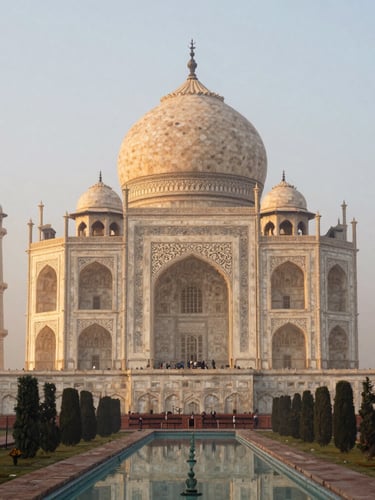An uncrowded perspective of the Taj Mahal at sunrise, soft morning mist, elegant composition, warm editorial travel photography, 35mm