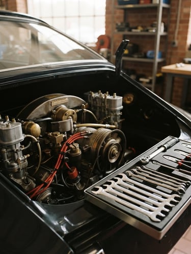 Warm editorial photography of a clean car engine bay with precisely aligned metallic tools on a side tray, natural workshop daylight, 35mm lens