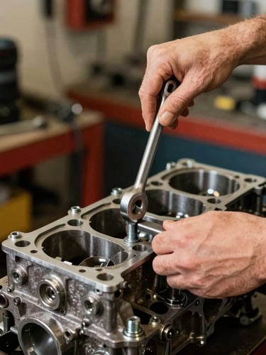 Warm editorial photography focusing on clean mechanic hands using a classic torque wrench to tighten a bolt on an engine block, organized garage background, 35mm lens