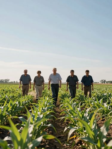 Wide field view from low angle, agronomist team walking through tall green crop rows under bright midday sun, dust visible near boots, expansive sky above