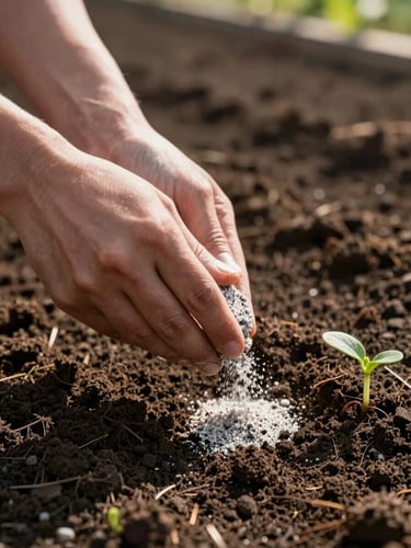 Close-up of hands applying granular fertilizer to dark rich soil, morning side light casting long shadows across the ground, a green seedling emerging nearby