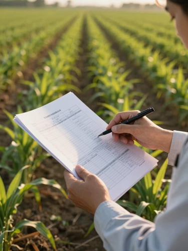 Agronomist in a sunlit field reviewing a printed technical data sheet, crop rows behind, warm afternoon light, hands in focus