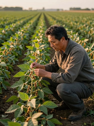 Agronomist crouching beside a soybean plant in a dense green field, examining leaves closely, late afternoon golden light, row of crops stretching to the horizon behind