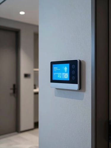 Crisp architectural photography of a modern residential hallway with a sleek wall-mounted smart home control panel, cool interior lighting, desaturated blue tones, sharp focus, 35mm.