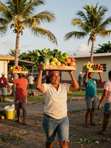 Warm editorial photography, tropical golden-hour sunlight, active community members in Puerto Rico carrying fresh local produce, vibrant saturated earth tones, authentic documentary style, 35mm